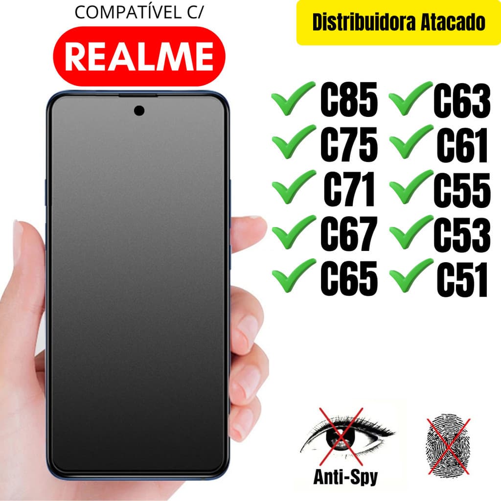 Película Cerâmica Privacidade Fosca 3D P/ Realme C85 / C75 / C71 / C67 / C65 / C63 / C61 / C55 / C53 / C51 Matte AntiSpy