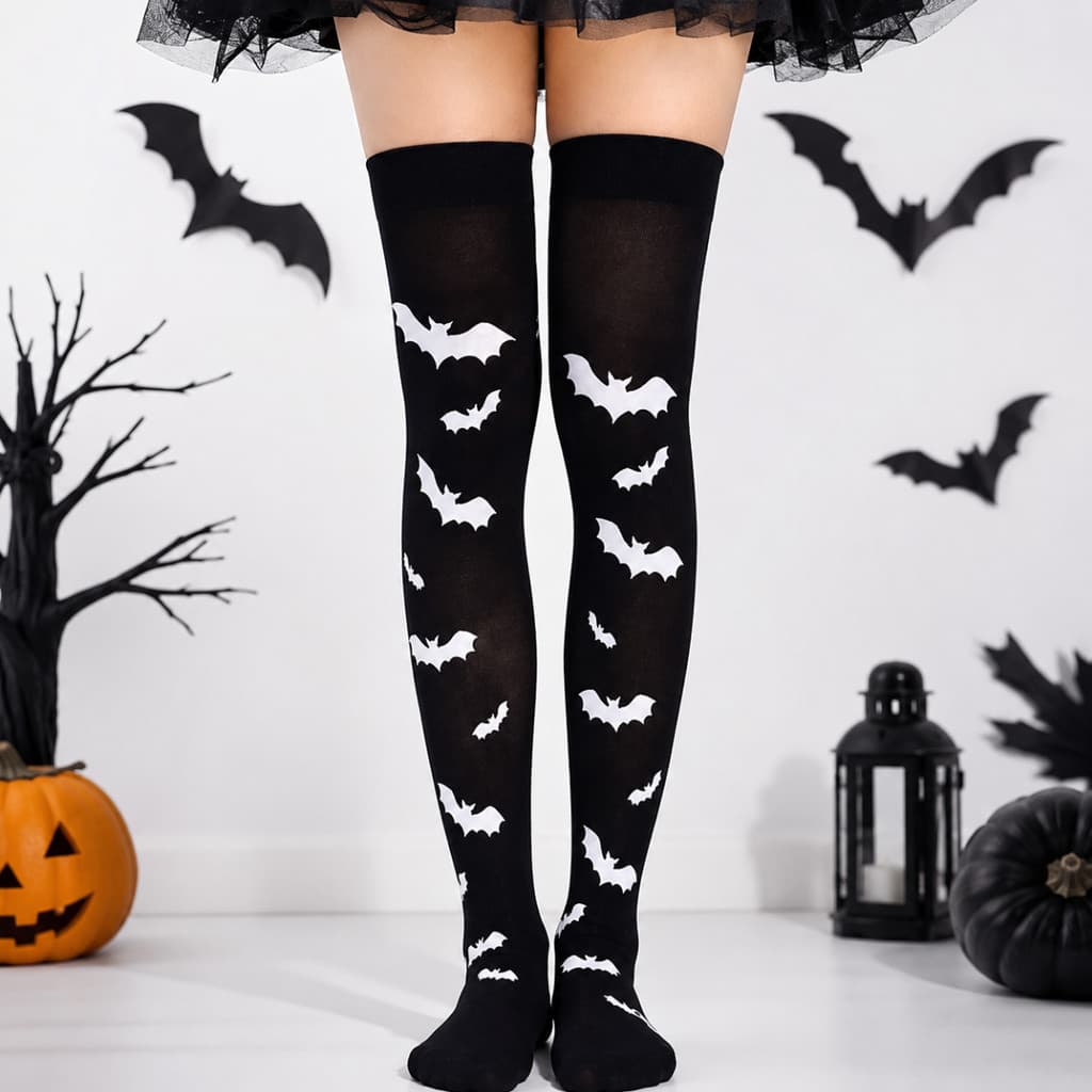Meia 7/8 Feminina Halloween Estampa De Morcegos Cosplay Fantasia Gótica