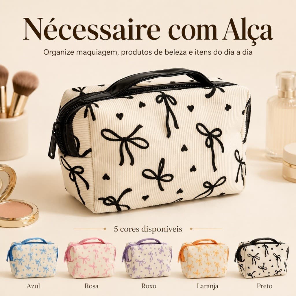 Nécessaire Feminina com Alça e Zíper – Bolsa Organizadora para Maquiagem, Cosméticos e Viagem – 5 Cores