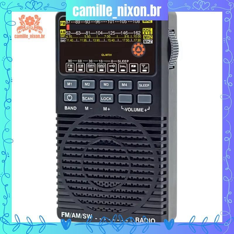 [camille_nixon.br] Rádio SW Pointer Sleep Timer Alto-Falante Embutido Mini Bolso Banda Completa Suporte Para Fones De Ou