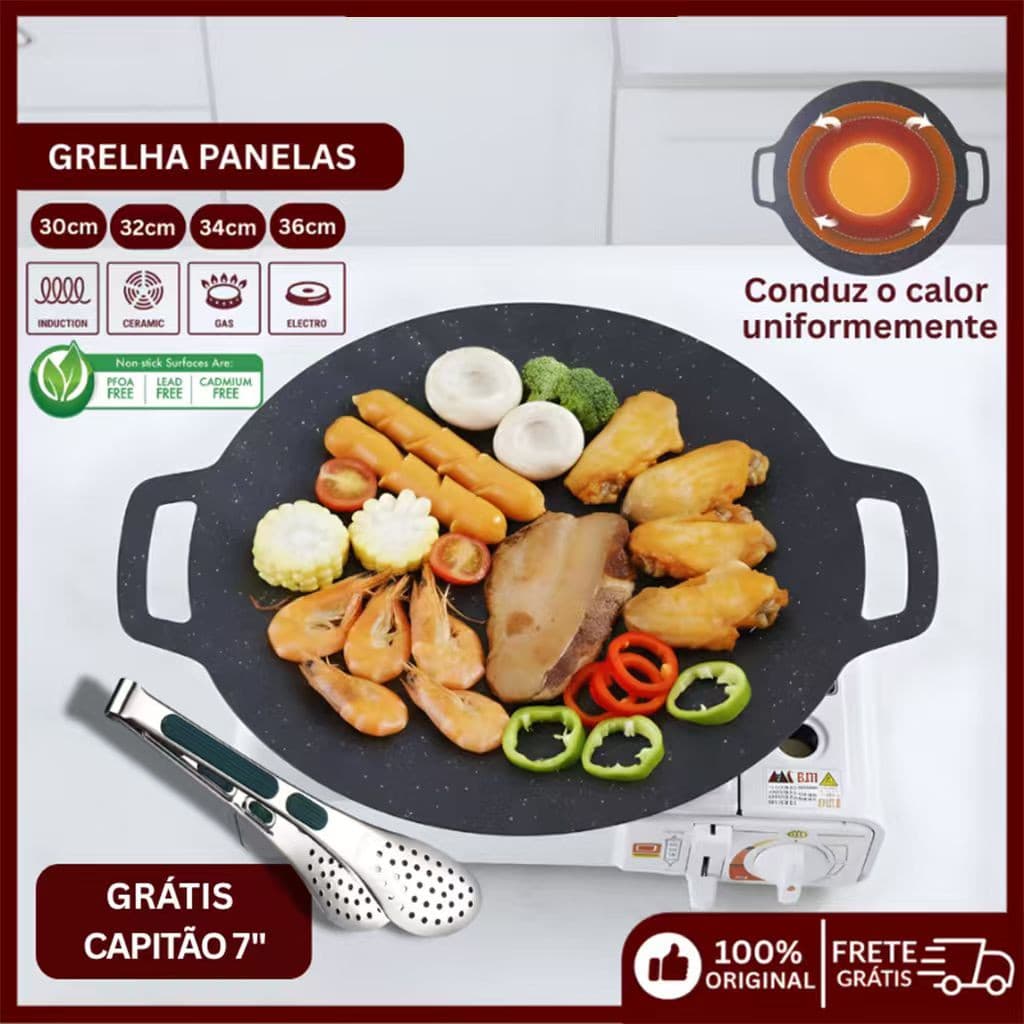 Frigideira Grill Redonda Antiaderente de Ferro – Chapa para Churrasco, Grelhar Carnes e Legumes