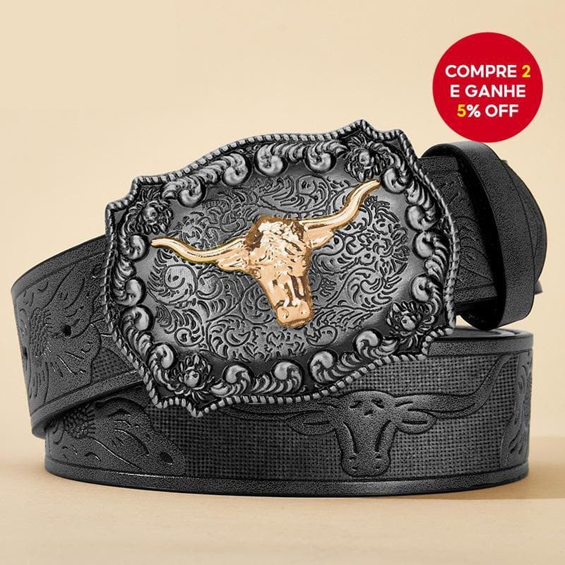 Cinto Masculino Estilo Cowboy Ocidental Feito de Couro Sintético Preto com Detalhes em Relevo e Fivela de Liga Metálica