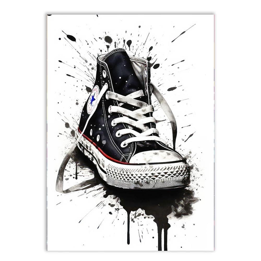 Placa Quadro Decorativo Tênis Tinta Splash Arte Urbana Street Style Preto e Branco Escritório Quadro Decorativo Decoraca