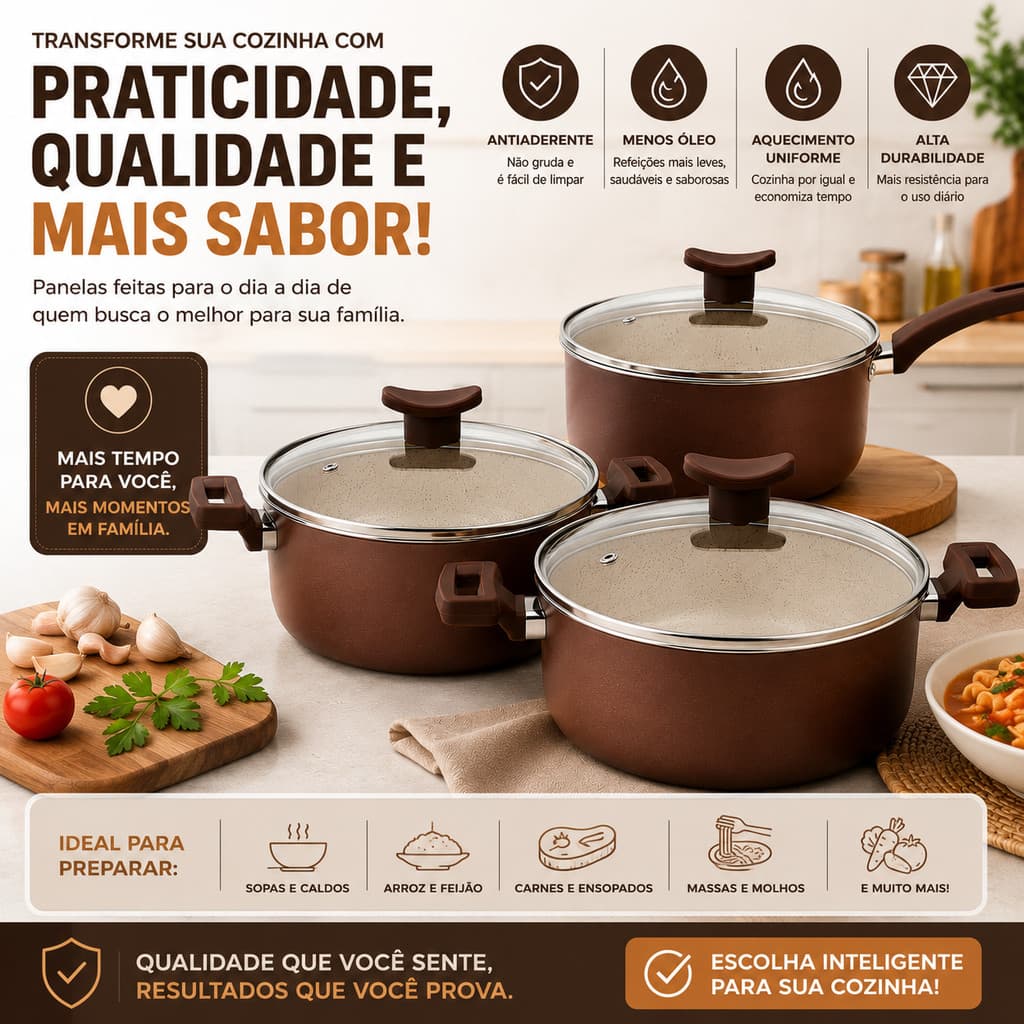 Jogo de Panelas 3 Peças Cerâmica com Tampas de Vidro Caçarolas 16 e 18cm Panela 20cm