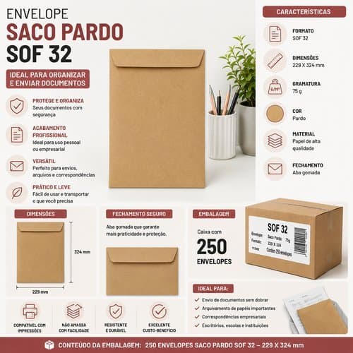 Caixa Envelopes Pardo 250 Unidades 229x324mm Envio Documentos Embalagem Grande