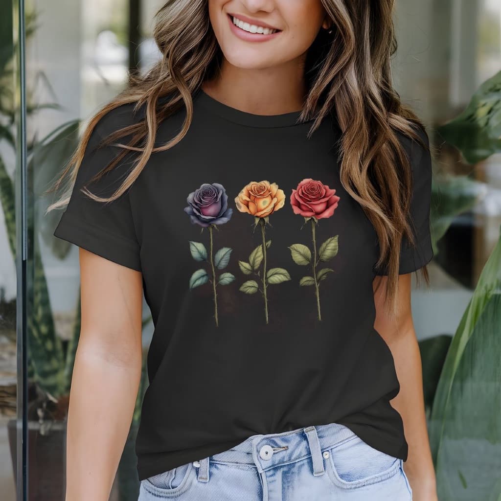 [Camiseta Premium em Algodão Puro]SISI Camiseta Feminina – Flores | Camiseta Estampada  | Três Rosas | T-Shirt Feminina