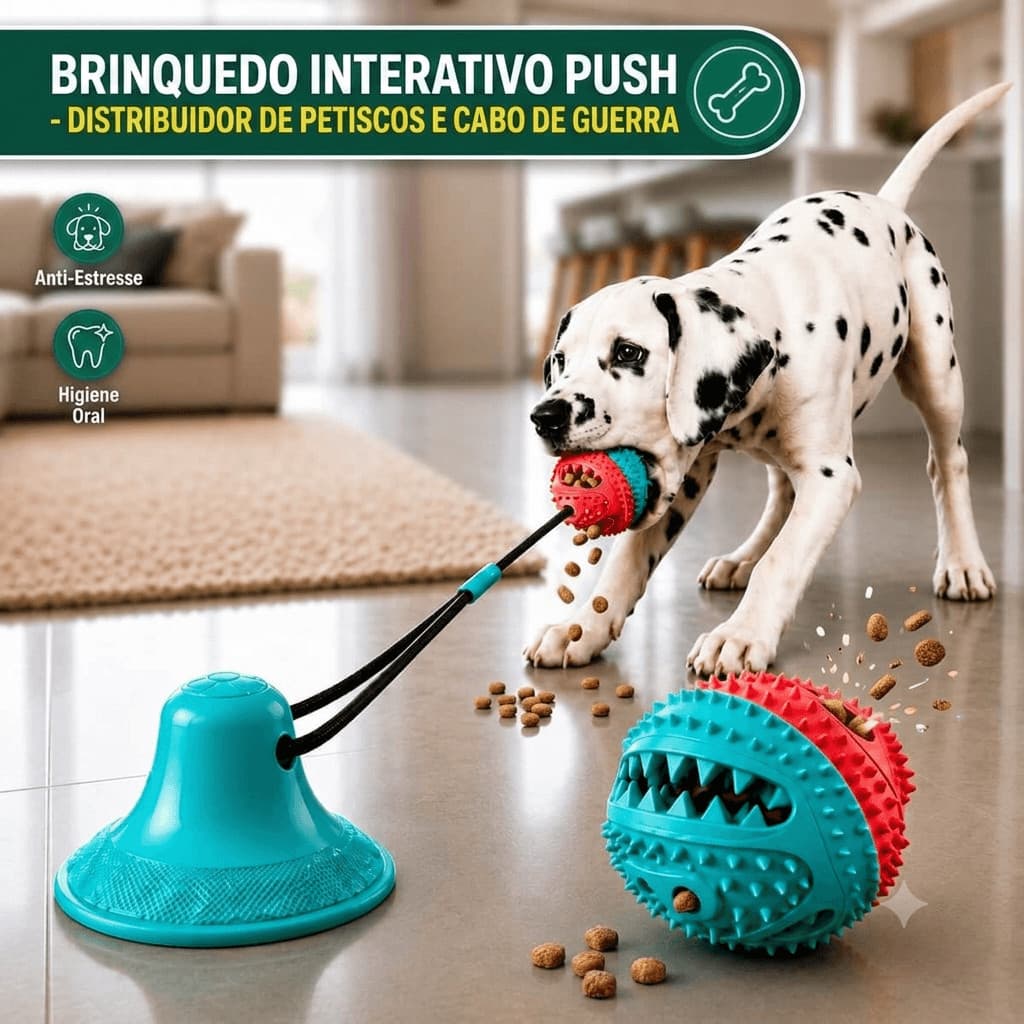 Brinquedo Interativo Pet c/ Ventosa Mordedor Puxador Bola e Corda Dispensador de Petiscos Push Ball