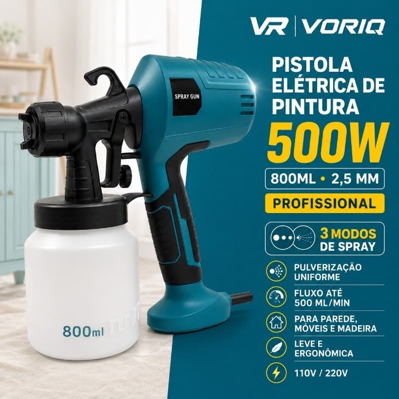 Pistola De Pintura Elétrica Compressor 500W Profissional 800ml - Pulverizador Tinta E Verniz Doméstica-Bivolt 110V/220V