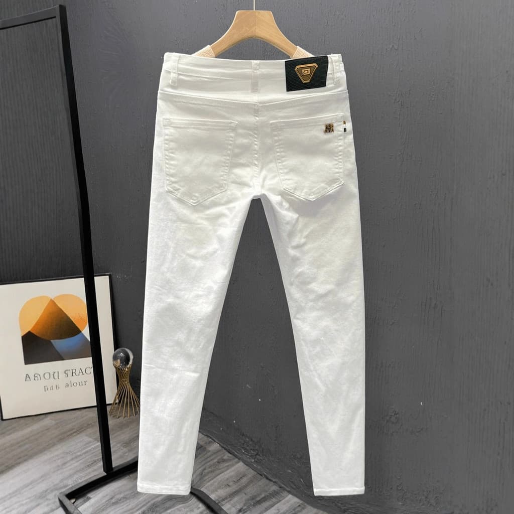 Calças de brim brancas masculinas outono bens europeus luz luxo Wear calças casuais estiramento lavagem magro-ajuste cal