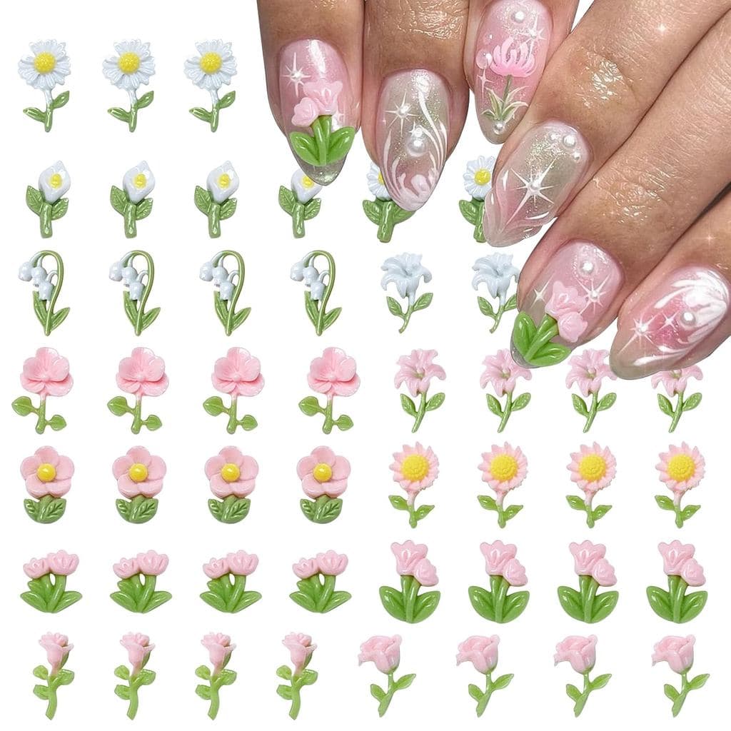 100 peças de enfeites de unhas em formato de flor nas cores rosa, verde e branco - Strass para arte de unhas - Resina e