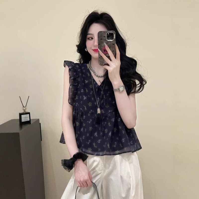 Camisa feminina de Chiffon Floral com decote em V Fungus Edge verão solta mais fina Look pequena manga voadora
