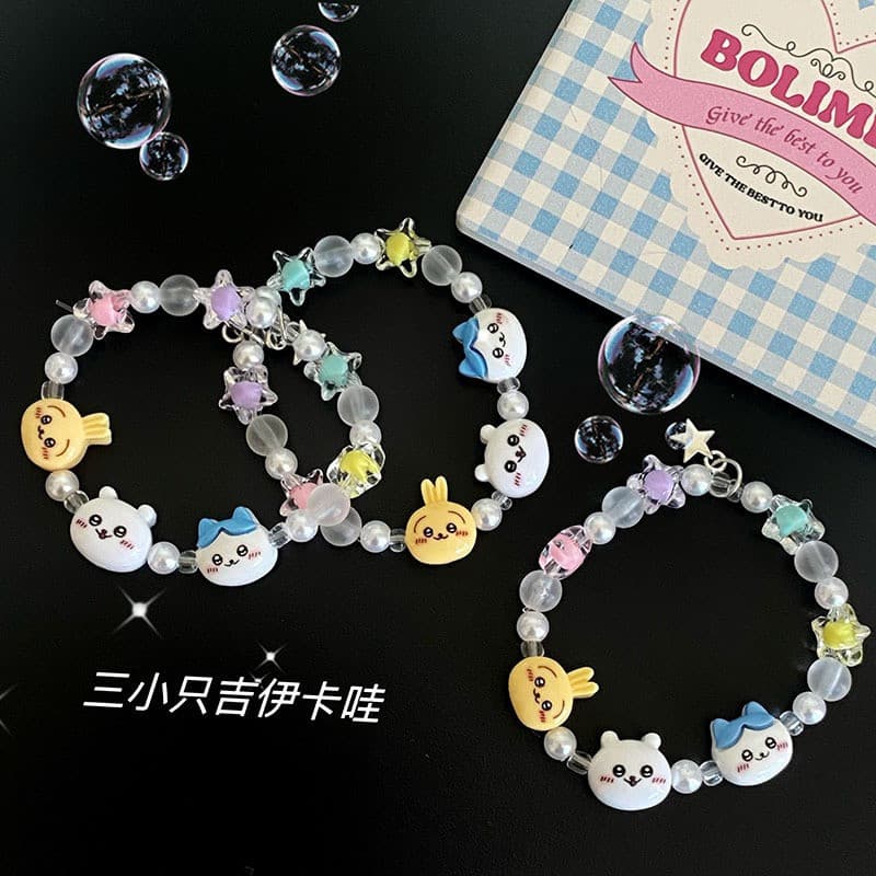 Pulseira Fofa Chiikawa com Pérolas de Cristal, Acessórios de Moda Kawaii Hachiware Usagi, Joias para Meninas 3941