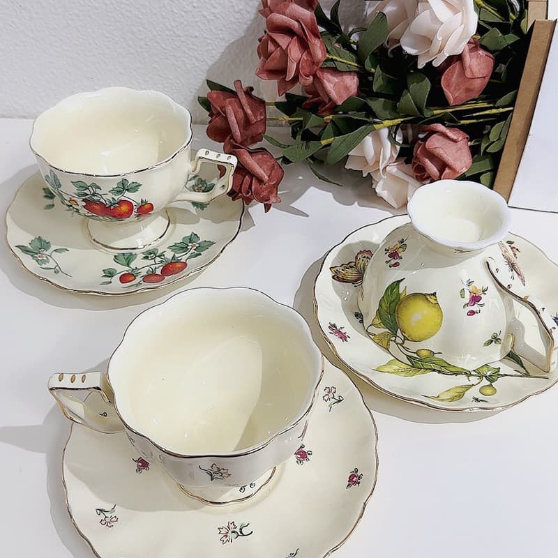 Xícara de café de cerâmica retrô britânica, padrão de flor, xícara de chá de cerâmica, luz de chá da tarde, luxo, conjun