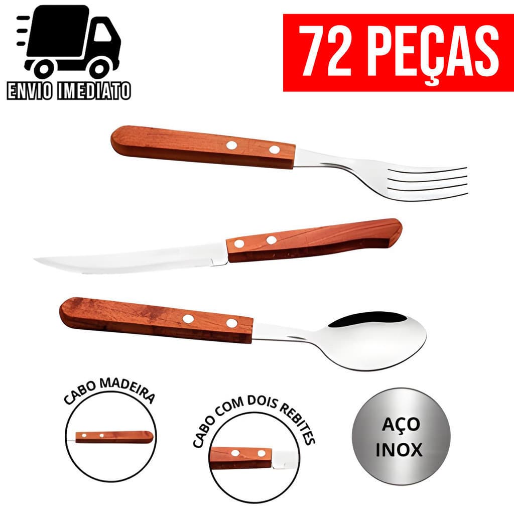 Jogo de Talheres 72 Peças Cabo de Madeira Aço Inox Faca de Ponta Colher e Garfo Mesa Gourmet Cozinha