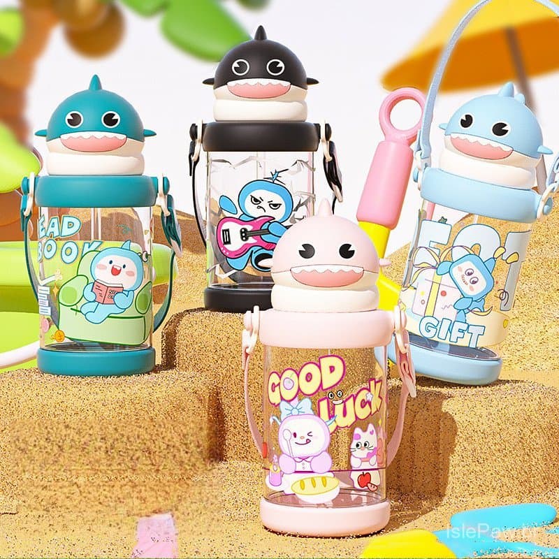 Garrafa de Água Infantil Tubarão Fofo 650ml, Copo de Plástico PC com Canudo, Alça de Ombro Portátil, Antivazamento, Copo
