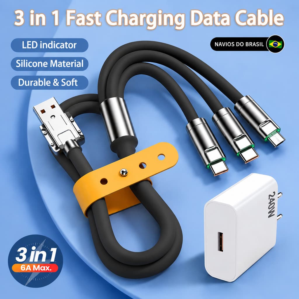Carregamento rápido de 240W Cabo de dados de silicone para carregamento rápido cabo Type-C três em um compatível com iOS