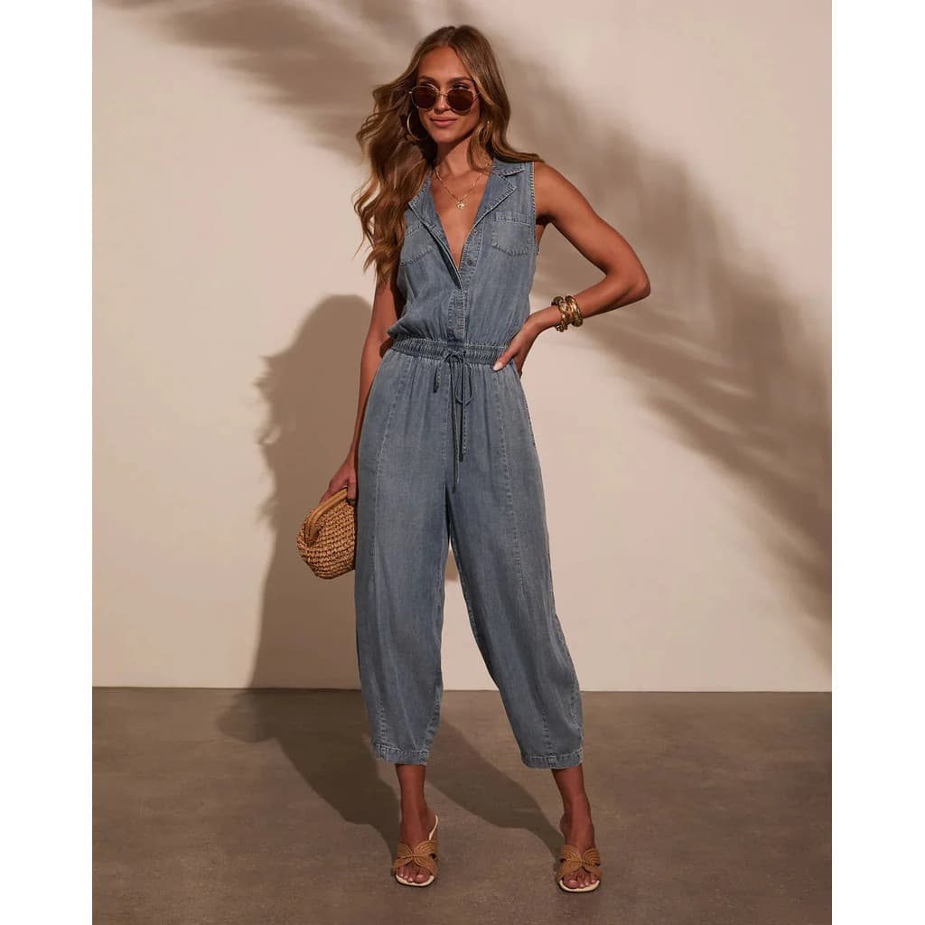 Macacões Femininos Sem Mangas Calças Jeans Uma Peça Bolsos Com Cordão Macacão Sólido Emendado Casual Botão