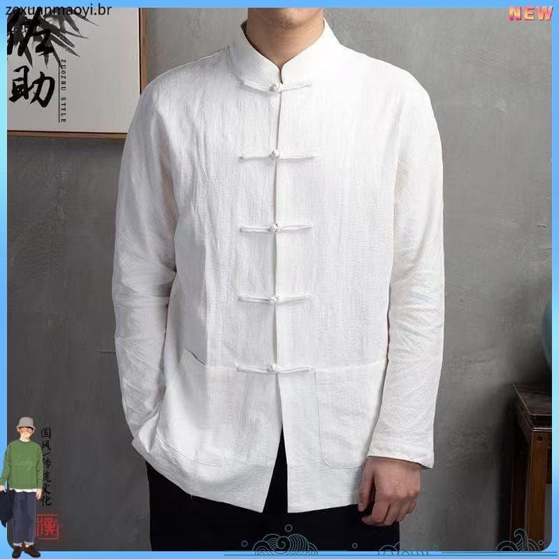 Zhou Ye Mesmo Estilo Roupas Masculinas Roupas de Estudante Estilo Chinês Botão de Disco Camisa de Algodão Estilo republi
