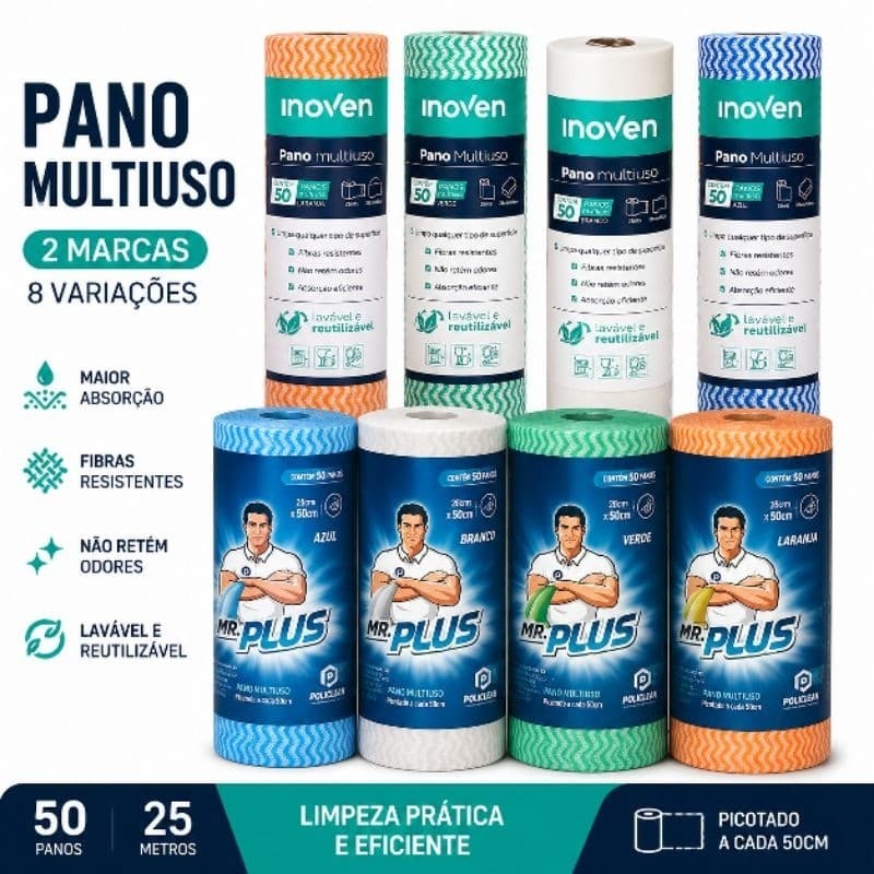 Pano Multiuso Rolo 25m 50 Panos Inoven Talge Mr Plus Limpeza Lavável Reutilizável Alta Absorção Não Solta Fiapos Flanela