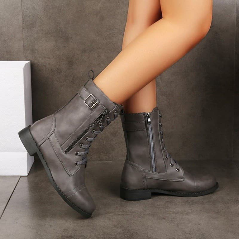 Novas botas femininas estilo Martin de cano baixo, tamanho grande, com bico redondo, salto grosso, cadarço, zíper latera