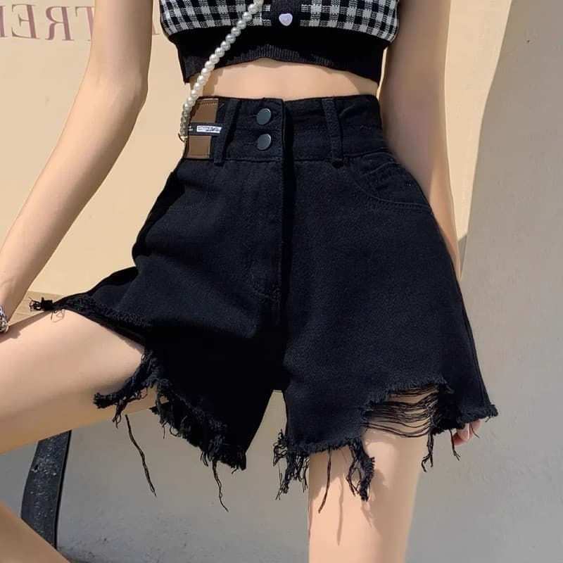 Preto rasgado perna larga Denim Shorts feminino 2026 novo estilo tamanho grande cintura alta a linha desgastado calças q