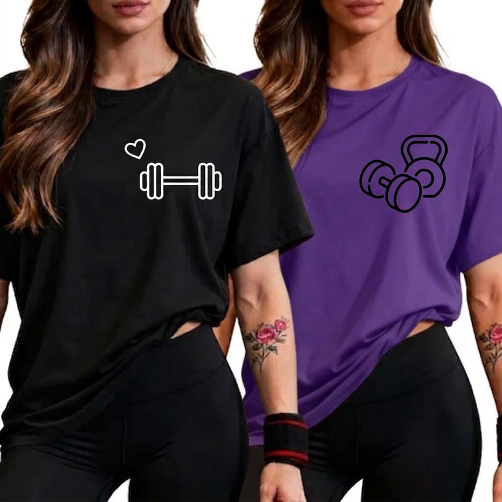 Kit 2 T-Shirts Camisetas Feminina Oversized Academia 100% Algodão T Shirt Musculação
