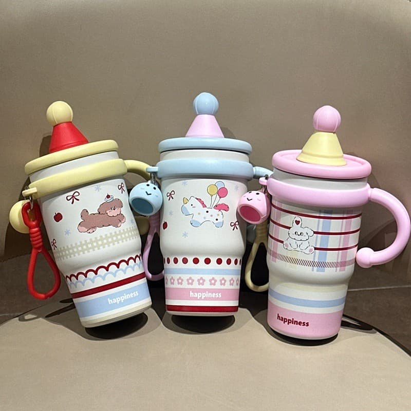 [Estoque pronto] Frasco de vácuo de desenho animado de grande capacidade para meninas, canudo de escritório, copo mestre