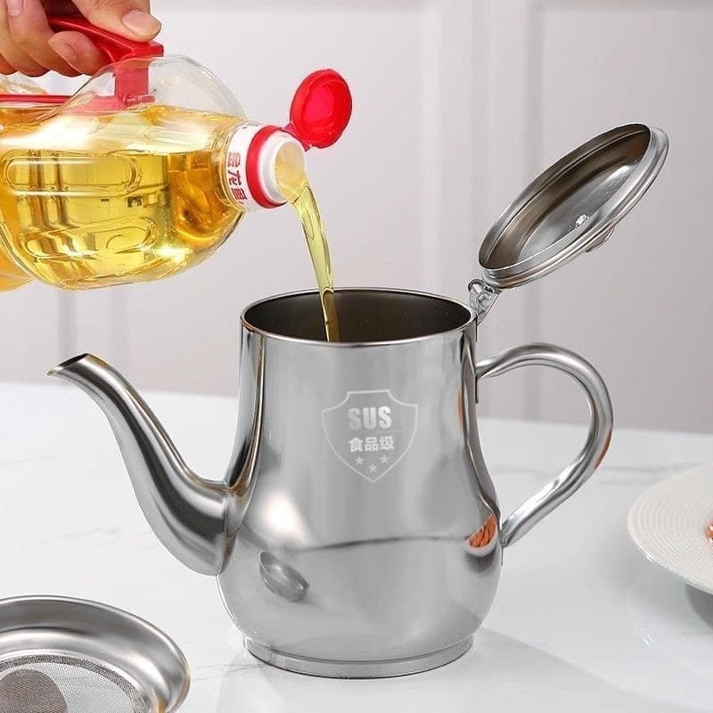 Chaleira de óleo de aço inoxidável para cozinha doméstica, chaleira para tempero com filtro, ampola de malha, à prova de