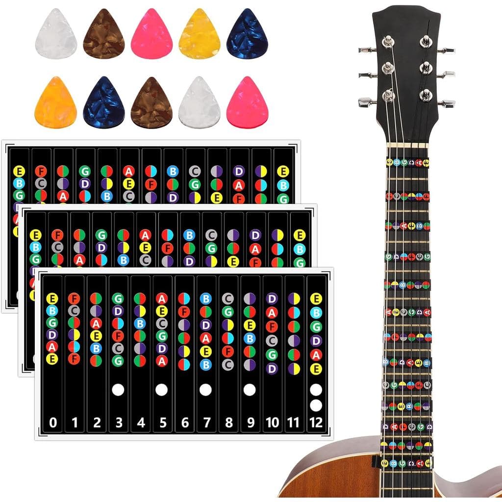 3 Adesivos para Escala de Guitarra, Adesivos Autoadesivos para Notas de Guitarra com 10 Palhetas, Decalques de Notas Cod