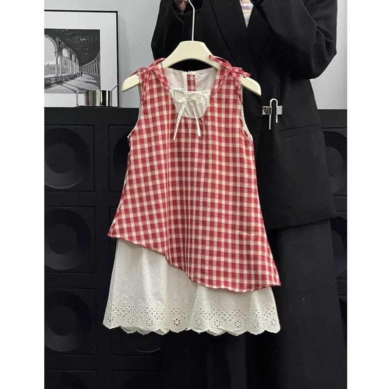 Meninas regata saia estilo verão saia xadrez infantil falso vestido de duas peças saia infantil 3-8 anos de idade roupas