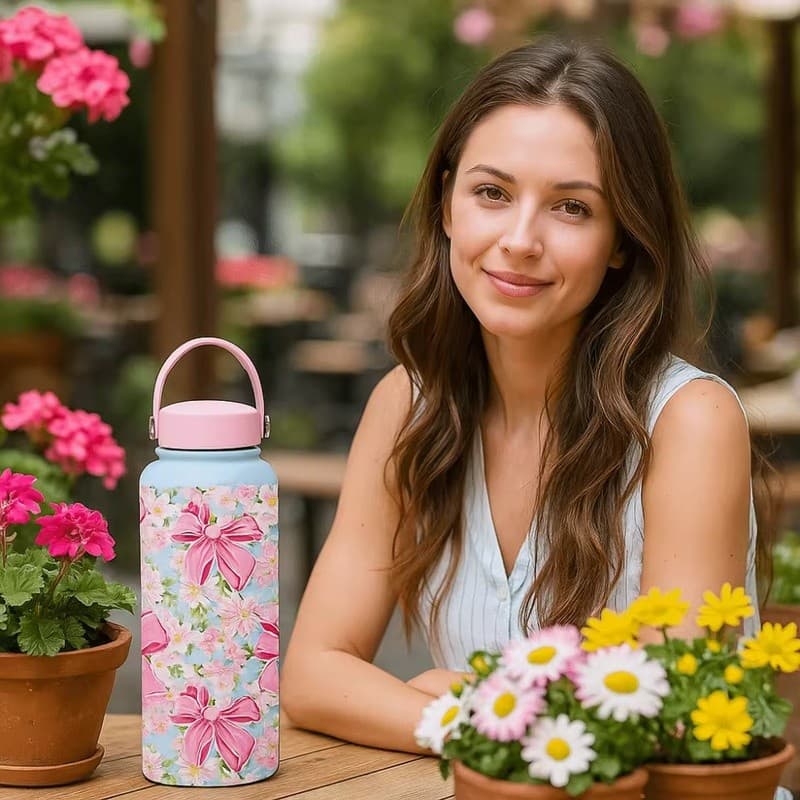 Garrafa De Água Isolada INS Reutilizável Floral Térmica Portátil De Aço Inoxidável Jarro À Prova De Vazamentos Copo De 1