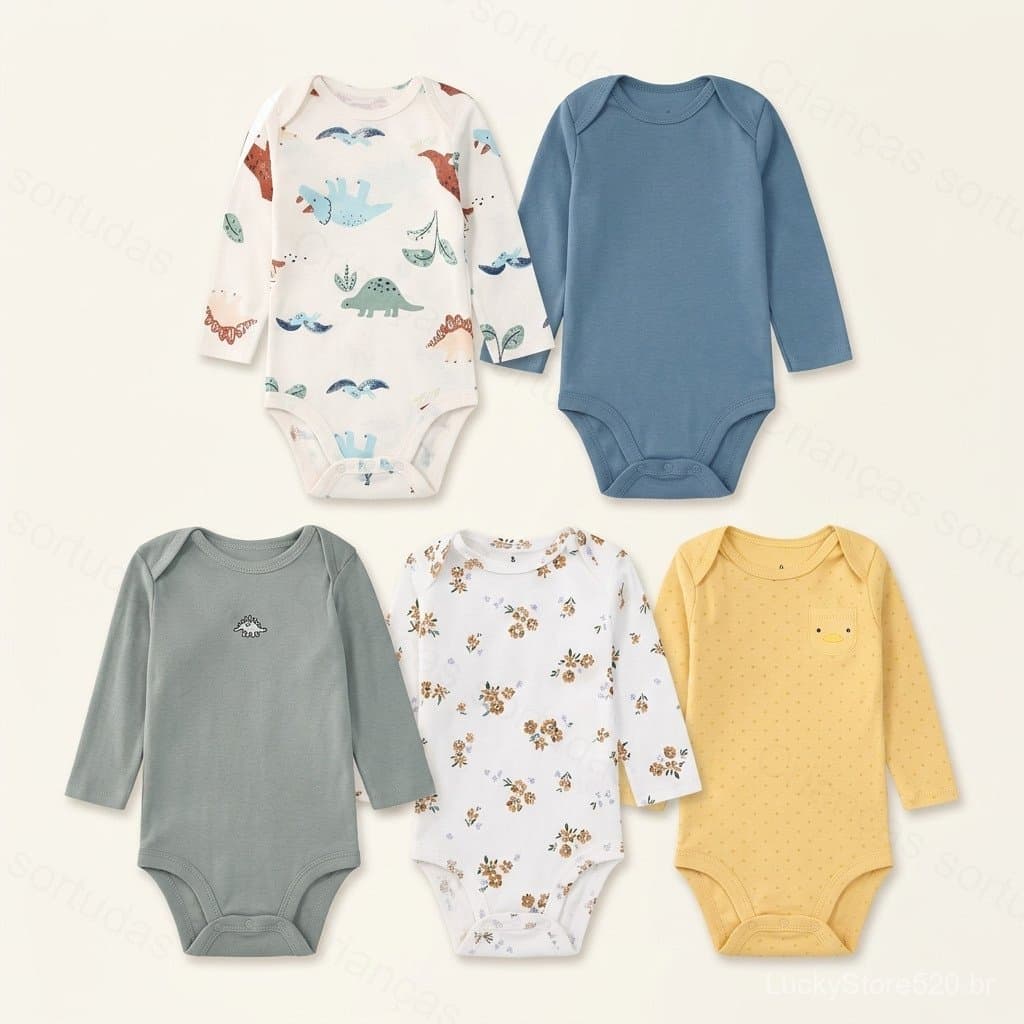Conjunto de 5 Peças de Macacão de Manga Longa para Bebê, 100% Algodão, Estilo Primavera e Outono, Unissex, Novo Modelo -