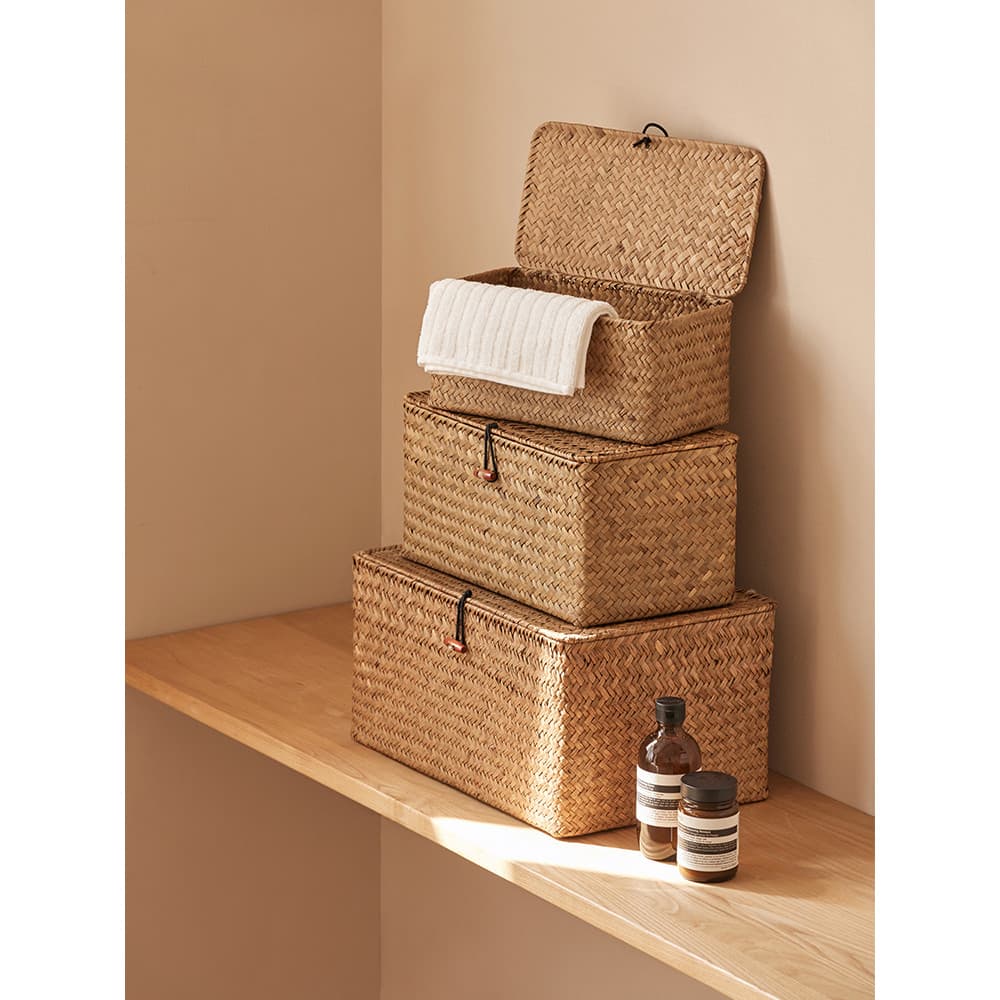 Seaw cesta de tecido palha Rattan tecido bambu cesta de armazenamento com tampa Desktop diversos cesta de armazenamento