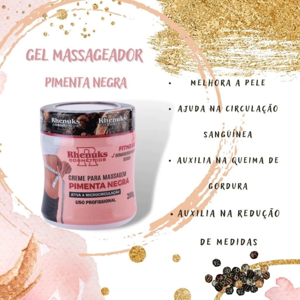 Gel Massageador Pimenta Negra Rhenuks 200g – Alívio Imediato de Dores Musculares e Contusões