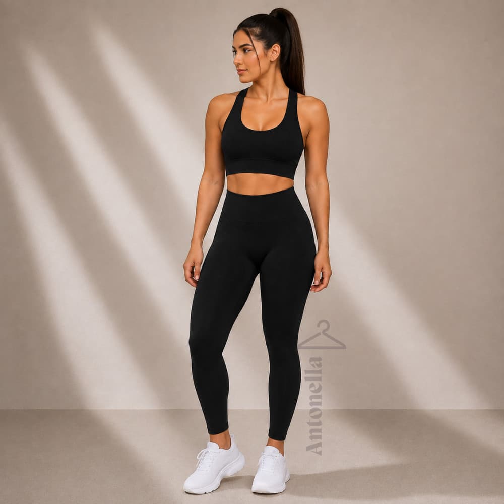 Conjunto Fitness Canelado Top e Calça Sem Costura Zero Transparencia Poliamida Premium
