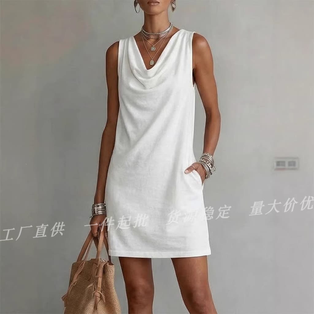 Vestido reto solto sem mangas com gola oscilante estilo europeu americano