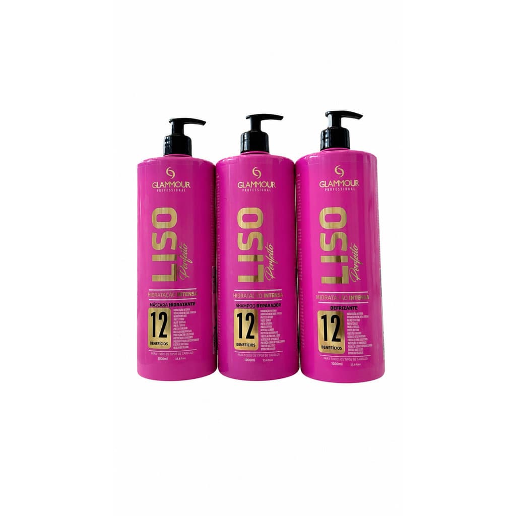Kit Capilar Liso Perfeito Glammour Professional Shampoo Máscara e Defrizante 1L 12 Benefícios