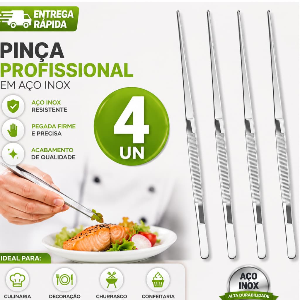 Kit 04 Pinças Culinária 30cm Aço Inox  Barman Bartender Restaurantes Pegador Precisão Praticidade Organização