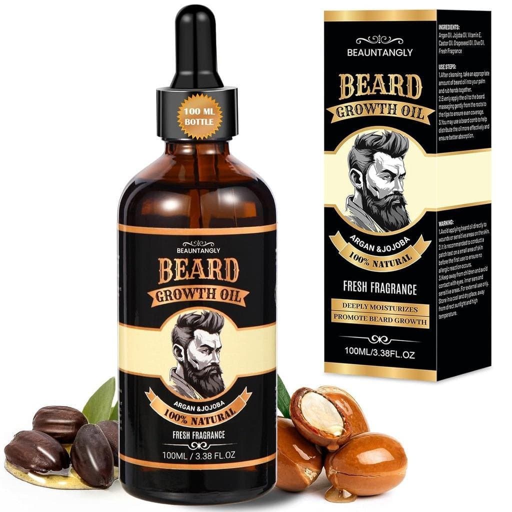 Óleo para Crescimento de Barba Masculina, 100% Puro, Contém Óleo de Argan, Óleo de Jojoba, Óleo de Rícino - 3.38FL/100