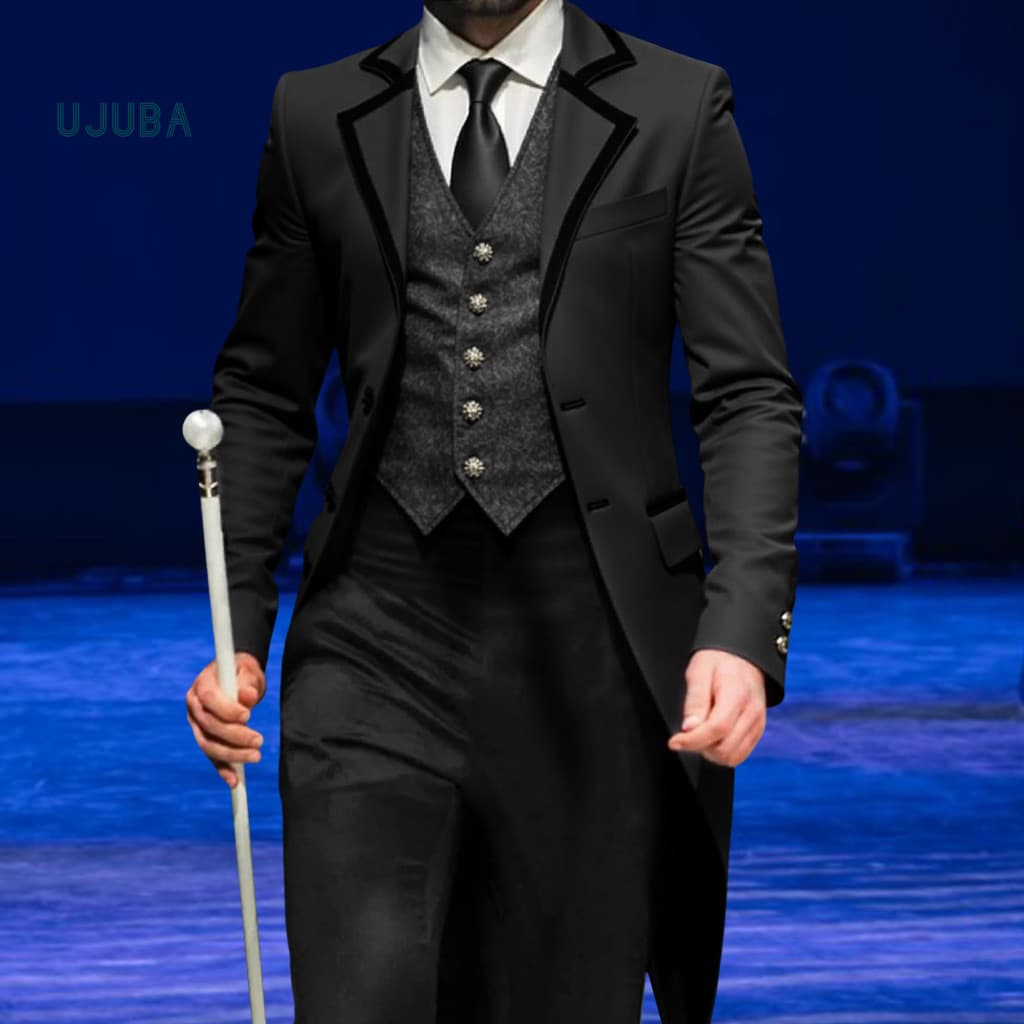 Long-sleeve Suit Formal Occasion Men's Gothic Slim Fit Tuxedo Jacket Retro Punk Style Mid-length Coat with Lapel Long Sl