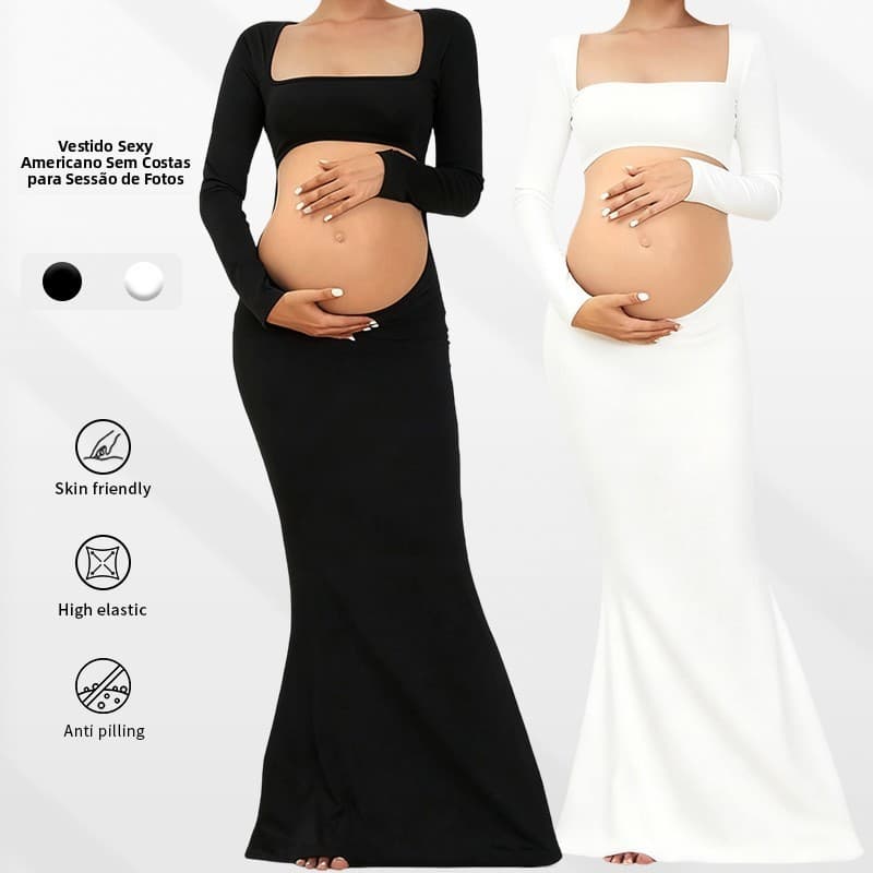 Roupas para sessão de fotos de maternidade, vestido de maternidade elástico, saia sereia, vestido longo sem costas que r