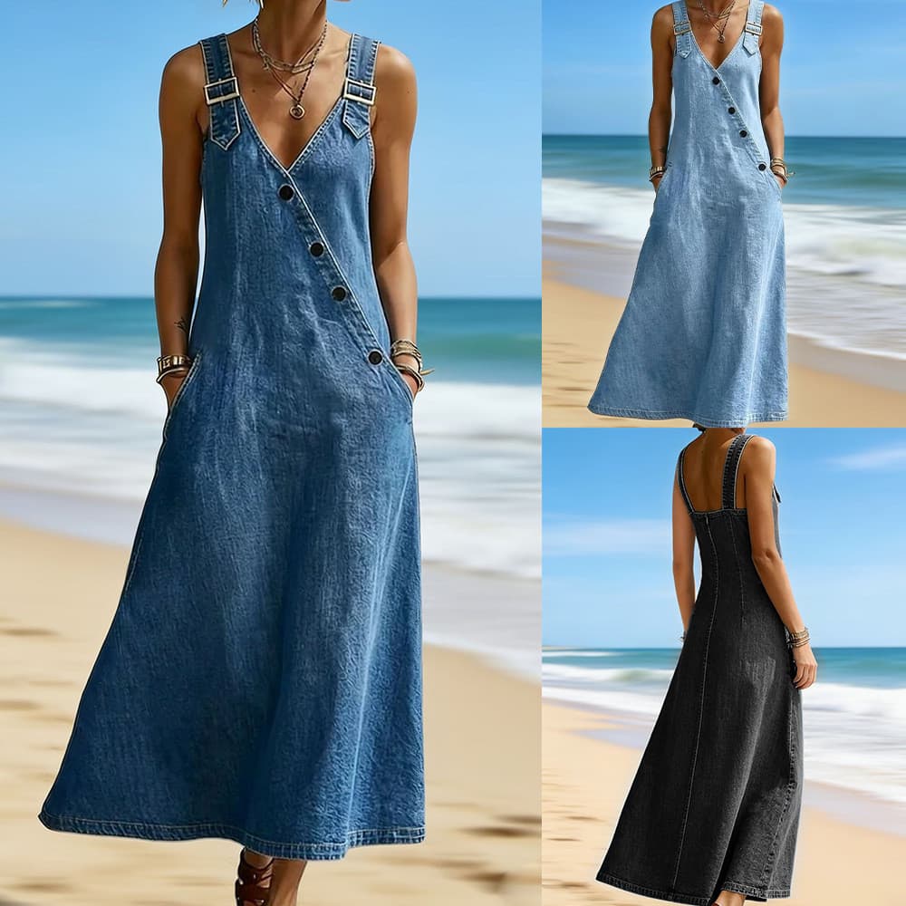 2026 lavagem de água com decote em V fivela Diagonal alça jeans saia longa feminina solta mais magro olhar vestido jeans