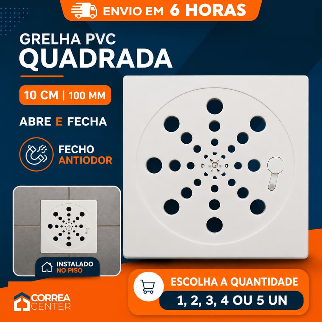 Ralo Tampa Grelha PVC Quadrada Quadrado 10x10cm 100mm Fecho Rotativo Antiodor Banheiro Box Cozinha