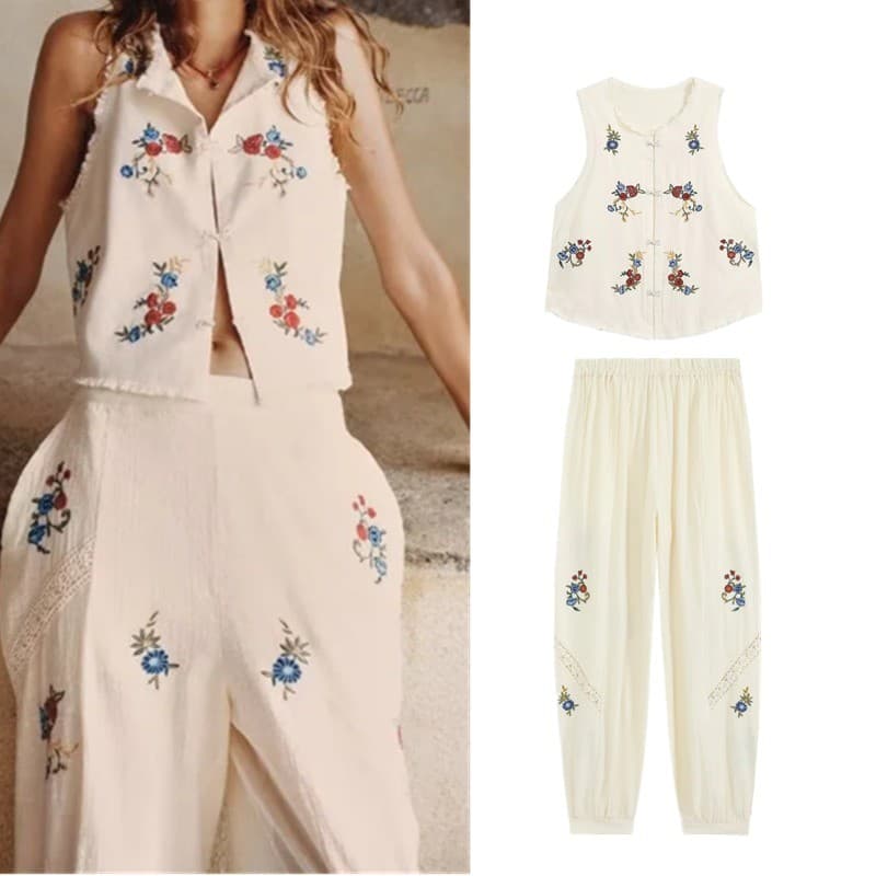 Top estilo colete desgastado bordado em cor contrastante sem mangas com gola redonda7200223 Calças Bloomers de cintur