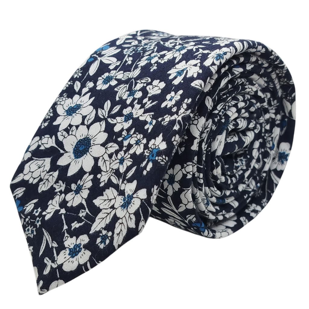 Gravata Slim Floral Azul Marinho Algodão