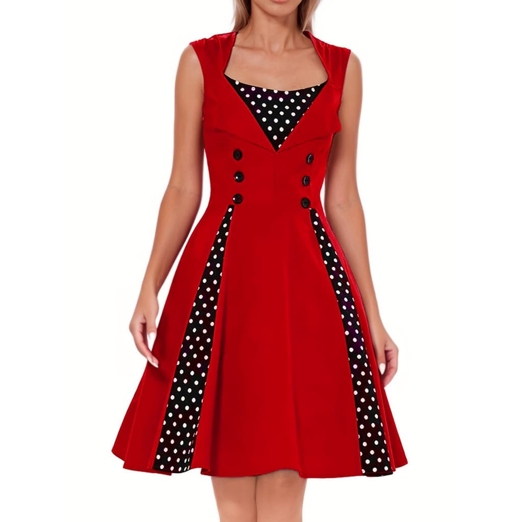 [Novo produto] Novo vestido feminino de verão retrô Hepburn estilo bolinhas costura sem mangas vestido grande Swing [ven