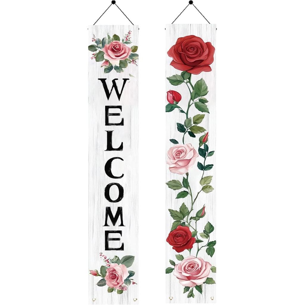 2 Peças de Placa Decorativa de Boas-Vindas para Primavera e Verão, Faixa Suspensa para Porta com Rosas, Estilo Rústico e