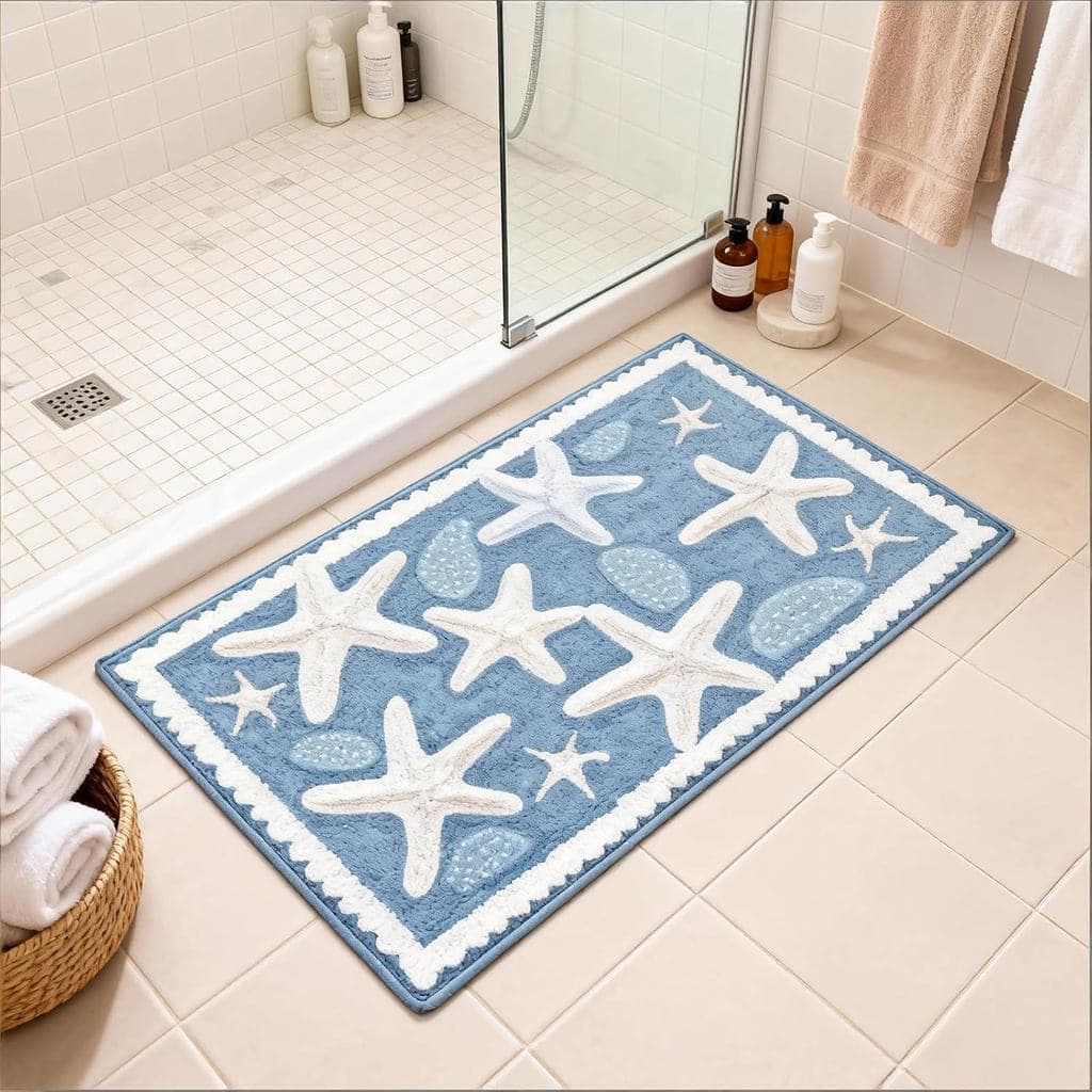 Moorfowl Starfish Seashell Bath Mat Ocean Sea Theme, 15.75" W x 23.62" L, Soft and Absorbent Blue Bathroom Rugs Non-Slip