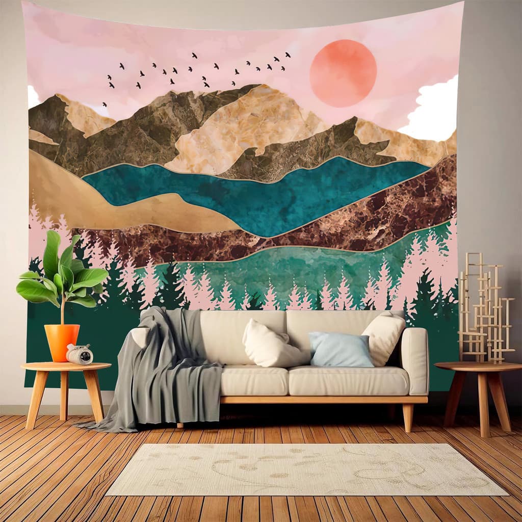 [Pacote de instalação gratuita] Tapeçaria de montanha Tapeçaria de paisagem Natural Tapeçaria artística Decoração de qua