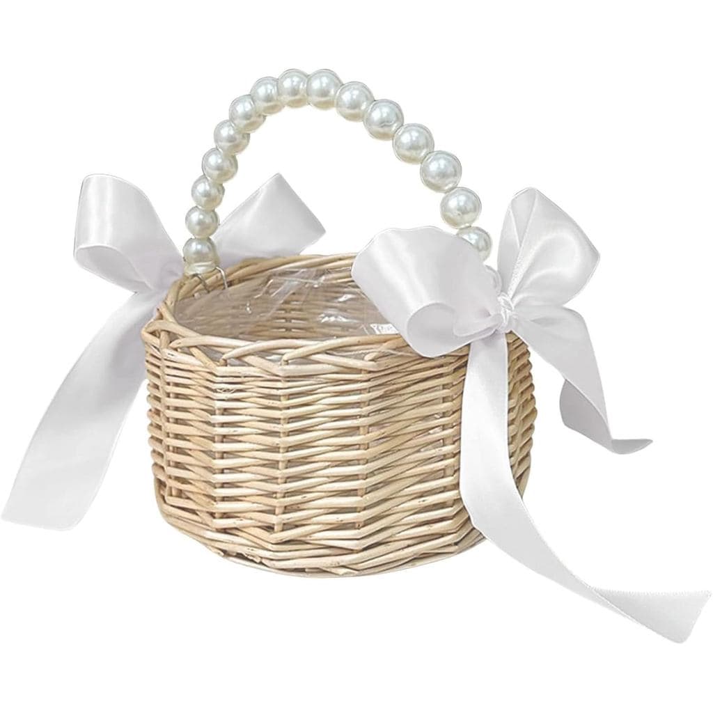 Cesta para Dama de Honra com Alça de Pérolas, Cesta de Flores para Casamento, de Vime Bonita com Fita Branca, Cest